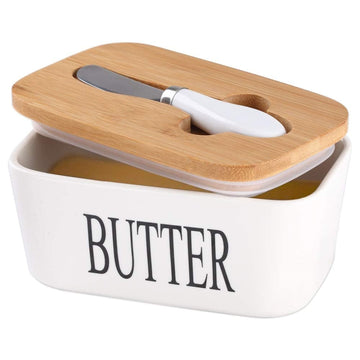 Ceramic Butter Dish with Wooden Lid, Large Butter Container Keeper Storage Plate with Steal Butter Knife, Bamboo Cover and Silicone Sealing Ring for West East Coast Butter, White.