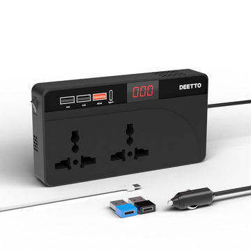 Deetto 150W Car Power Inverter With 2 AC + 3 USB 12DC to 220V AC + Type-C Car Fast Charger