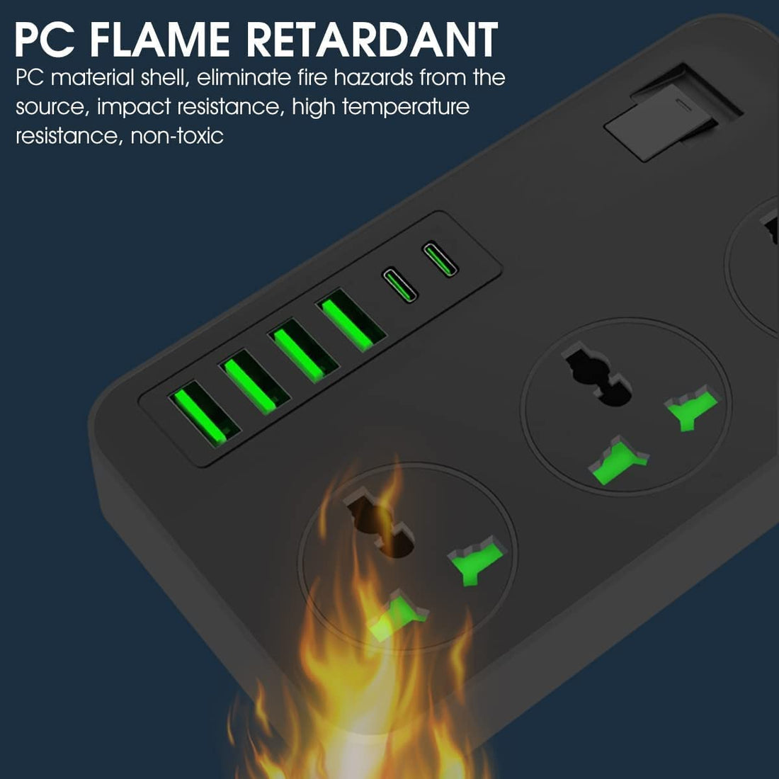Multi-Port Extension Board 3 Sockets + USB-C &Universal Surge Protection Sockets With 2M Heavy Wire