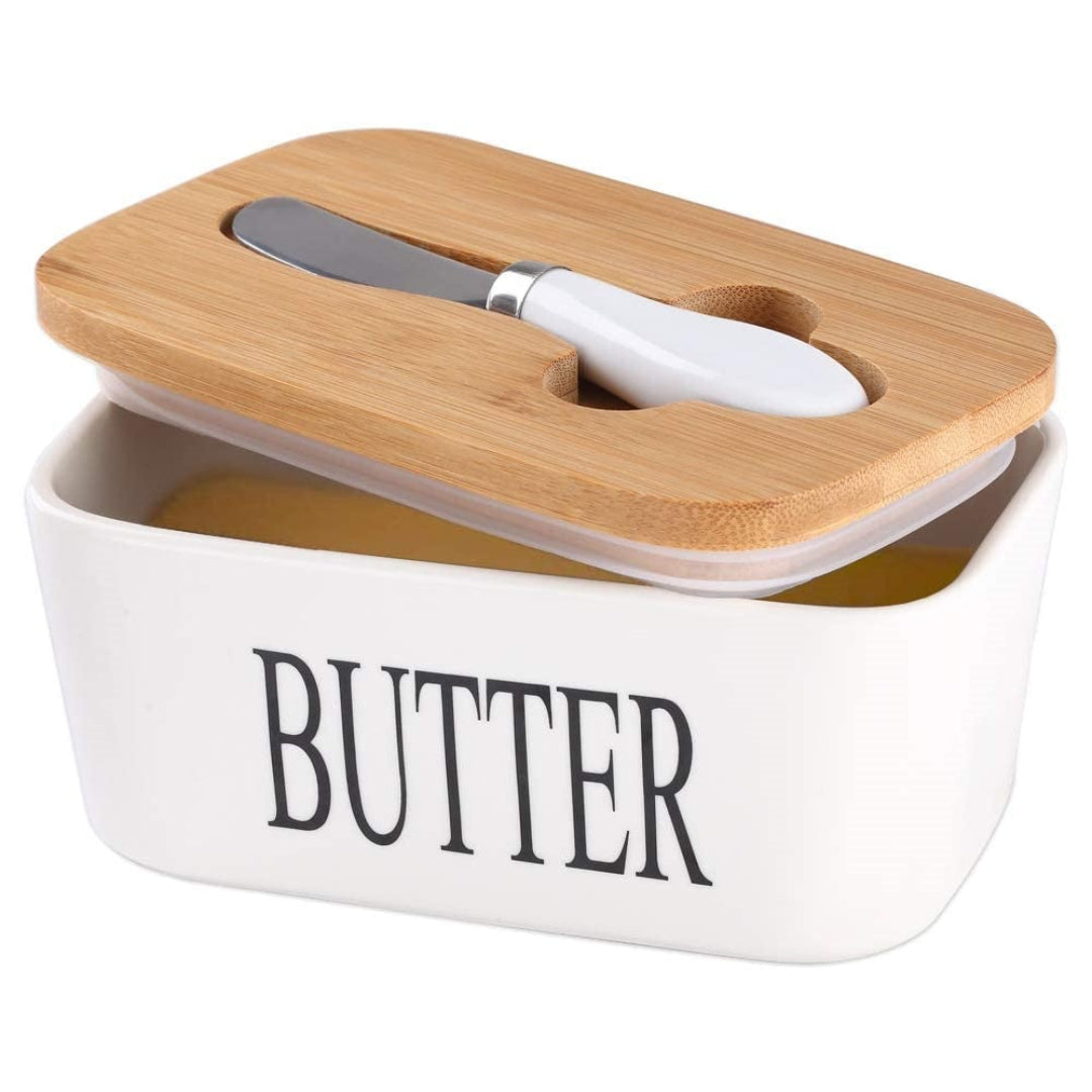Ceramic Butter Dish with Wooden Lid, Large Butter Container Keeper Storage Plate with Steal Butter Knife, Bamboo Cover and Silicone Sealing Ring for West East Coast Butter, White.